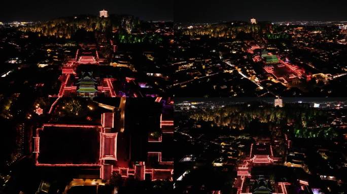 丽江古城地标木府、万古楼夜景灯光秀航拍