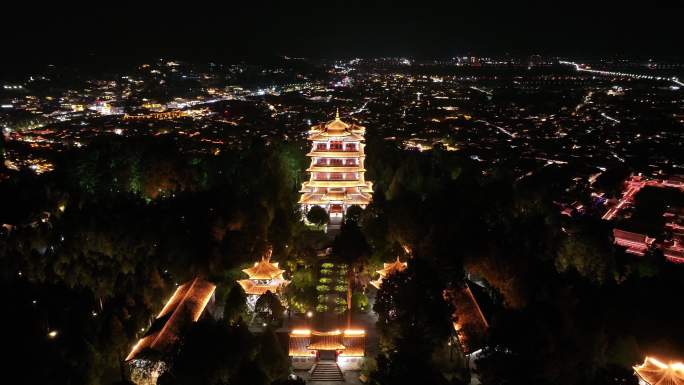 丽江古城万古楼夜景航拍