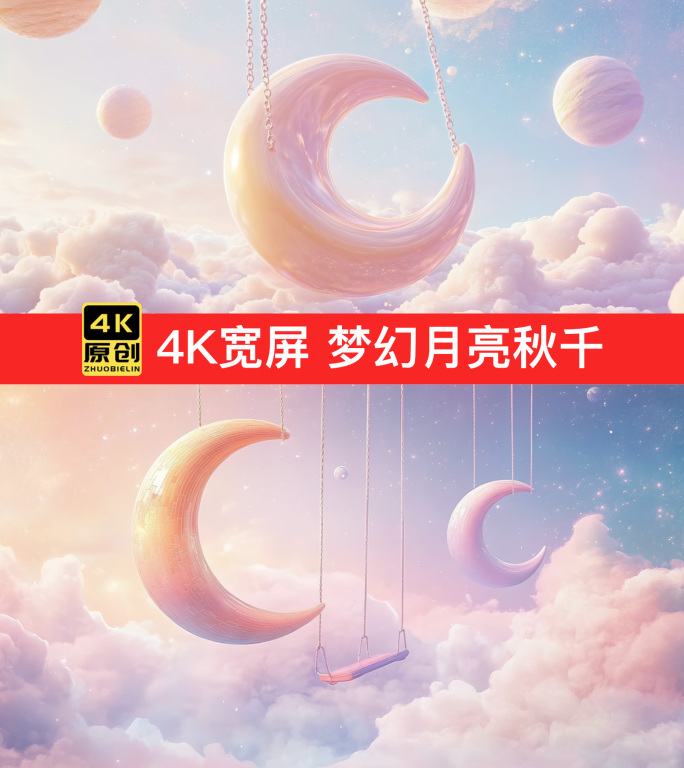 4K宽屏 梦幻月亮秋千云海童话世界背景