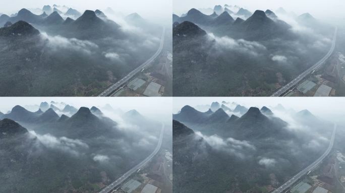云雾缭绕中喀斯特山峰间的高速公路大桥