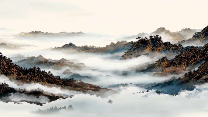 国风云雾缭绕山水意境水墨风山峦云海