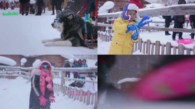 在雪乡室外的游客雪地萌娃冬日雪地亲自游乐