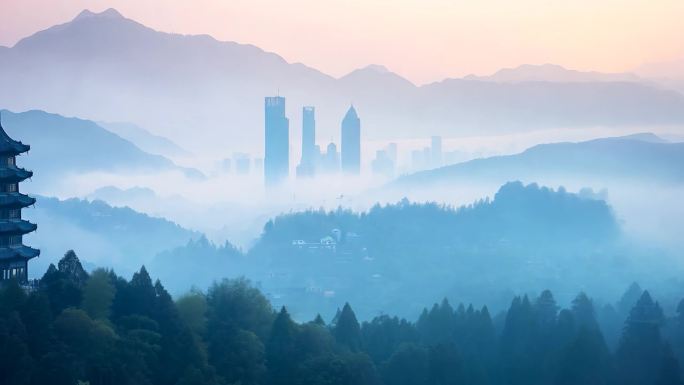 清晨云雾塔楼晨雾美景西湖景观