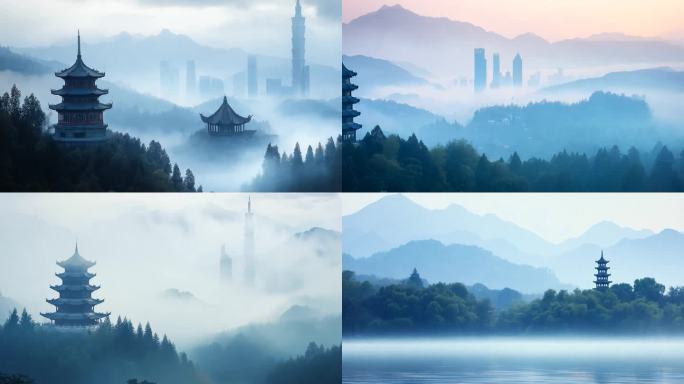 清晨云雾塔楼晨雾美景西湖景观