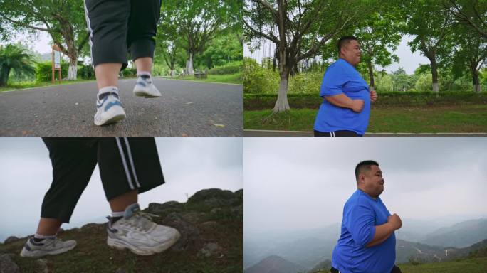 肥胖男子跑步运动减肥胖子登山奔跑