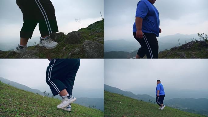 肥胖男子登山徒步运动减肥