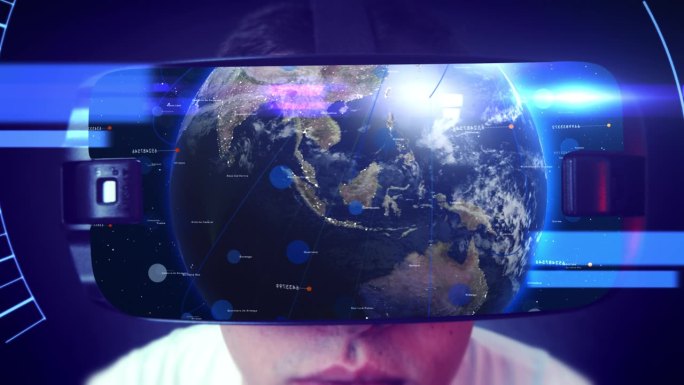 年轻男子佩戴先进的虚拟现实眼镜探索未来地球。