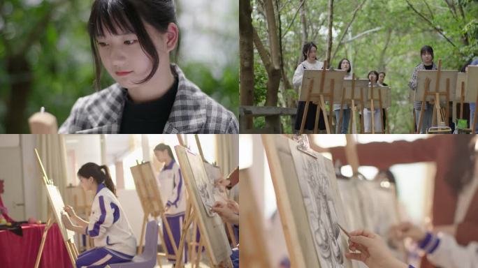 绘画课 老师指导学生绘画 野外写生 画画