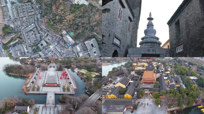 镇江古城寺庙日落城市航拍