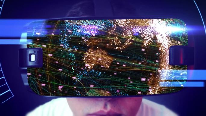 年轻男子佩戴尖端虚拟现实眼镜，展示数字地球。