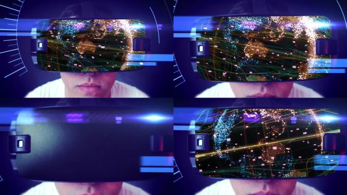 年轻男子佩戴尖端虚拟现实眼镜，展示数字地球。