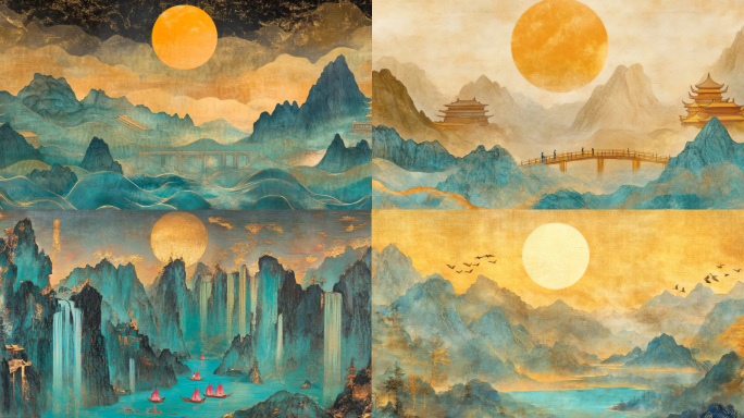 4K宽屏 国风青绿山水东方意境山水画卷