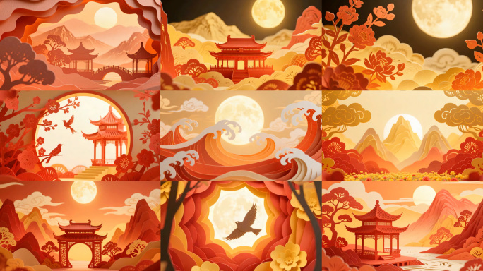 春节元宵喜庆剪纸背景中秋月圆剪纸艺术背景