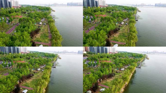 航拍临沂滨河景区露营帐篷风景