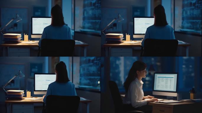 职场女性白领深夜努力工作加班创业