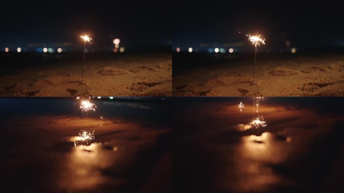 夜晚海滩烟花特写