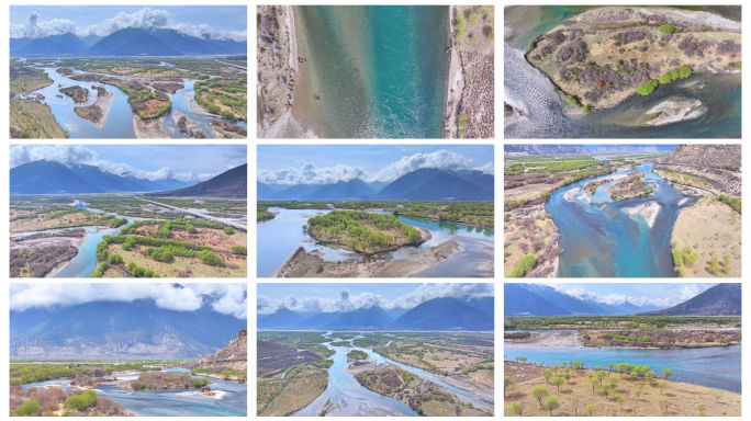 西藏雅尼国家湿地公园自然风光河流航拍