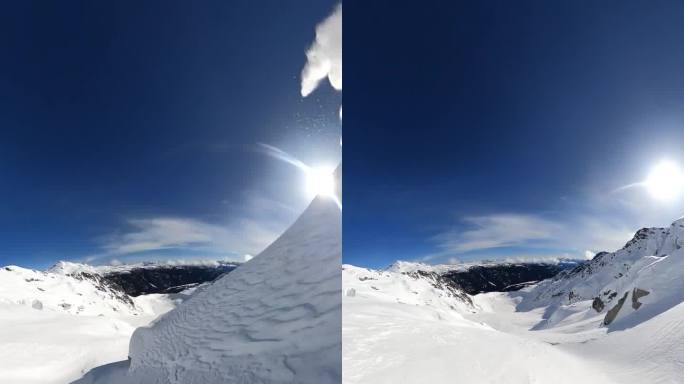 从偏远山区山顶的第一人称极限滑雪视角