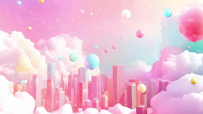 4K粉色浪漫儿童卡通云朵梦幻城市