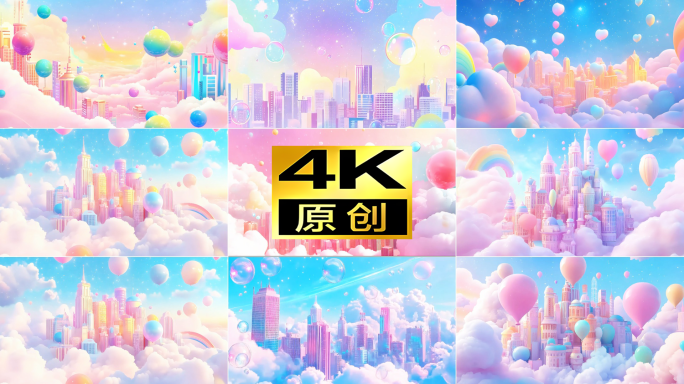 4K粉色浪漫儿童卡通云朵梦幻城市