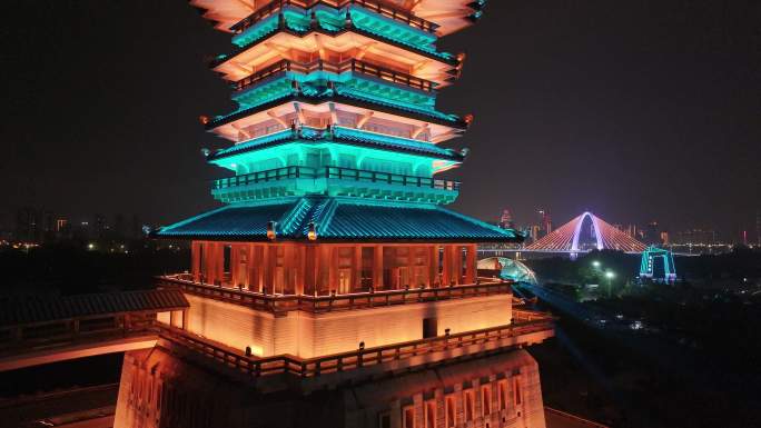 临沂城市夜景书圣阁夜景航拍