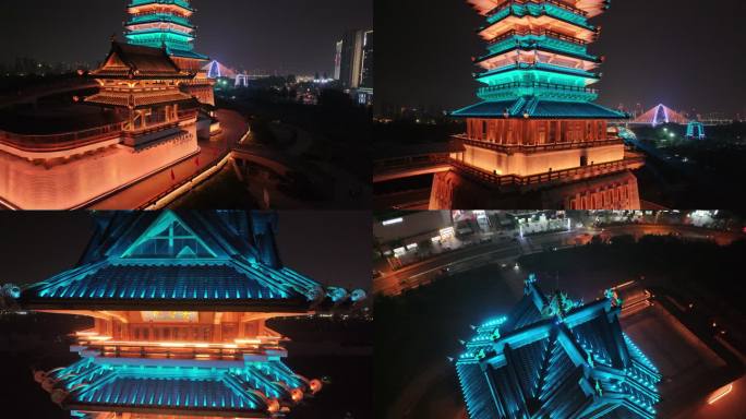 临沂城市夜景书圣阁夜景航拍