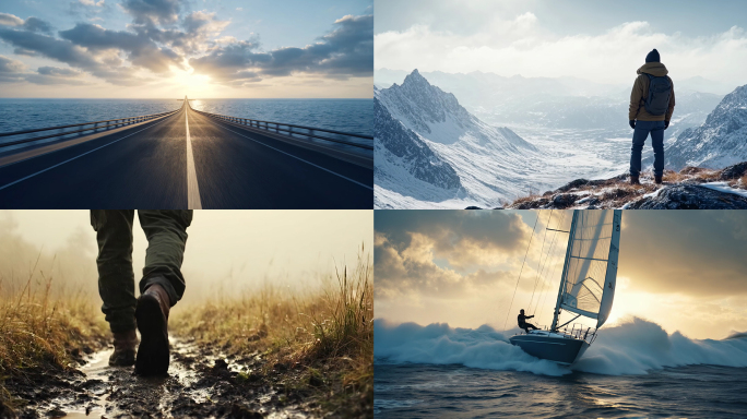 走路脚步雪山森林沙漠戈壁帆船奔跑背影攀登