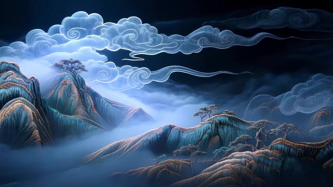 水墨风山峦云海景观 云雾缭绕山水意境