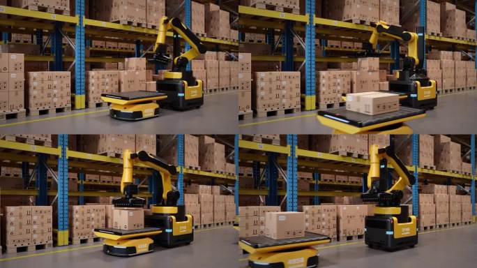 自主AGV机器人在自动化仓库中装载和运输包裹。