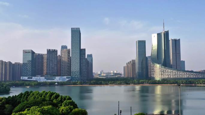 合肥政务区天鹅湖建筑早晨航拍