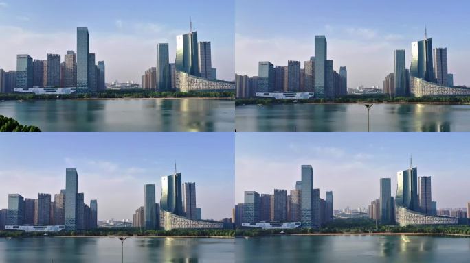 合肥政务区天鹅湖建筑早晨航拍