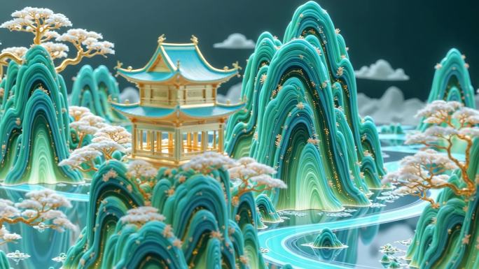 水墨国风仙境山水 国风微缩山水画