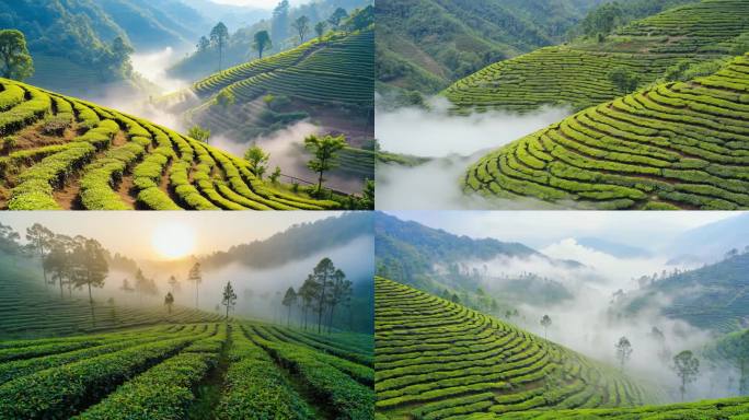 云雾缭绕的茶园风光 绿色茶山日出美景