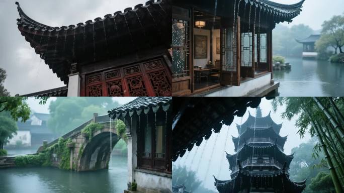 江南烟雨楼阁 古建筑 园林景观 水乡