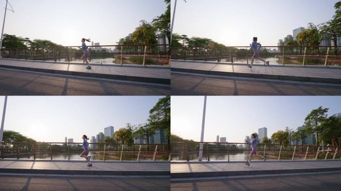 城市桥上女子晨跑