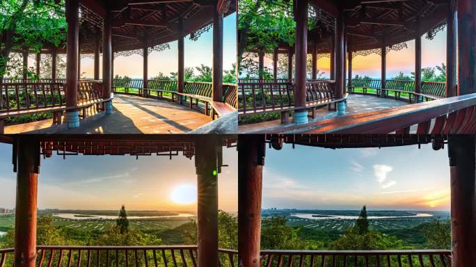 潼南夕阳下的楼阁美景湖光山色间的古风建筑