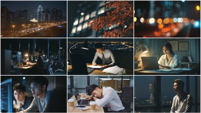 加班熬夜通宵工作疲惫办公楼夜景