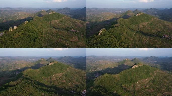 航拍临沂岱崮地貌山峦叠嶂的自然风光