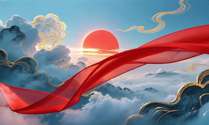 国风云海红绸日出红色绸缎与金色祥云