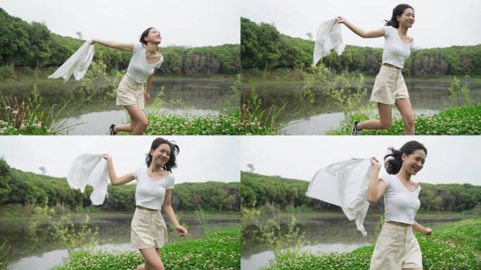 郊外奔跑的年轻女性 田野间自由呼吸的女孩