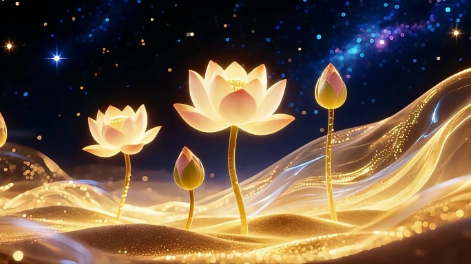 莲花与极光交织的梦幻夜景 唯美粒子荷花