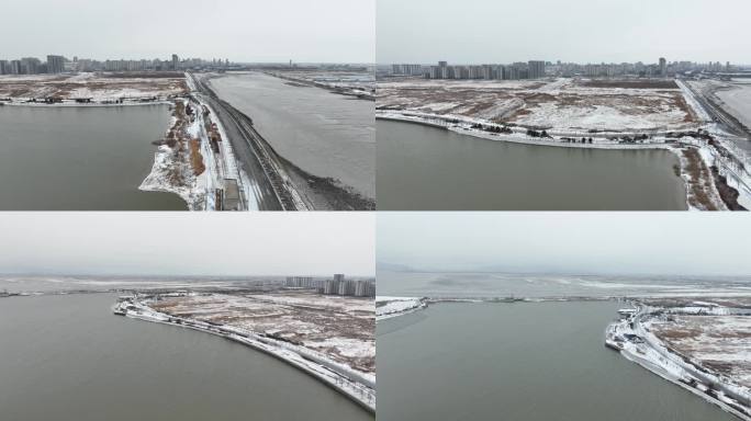 冬季赣榆河岸雪景航拍