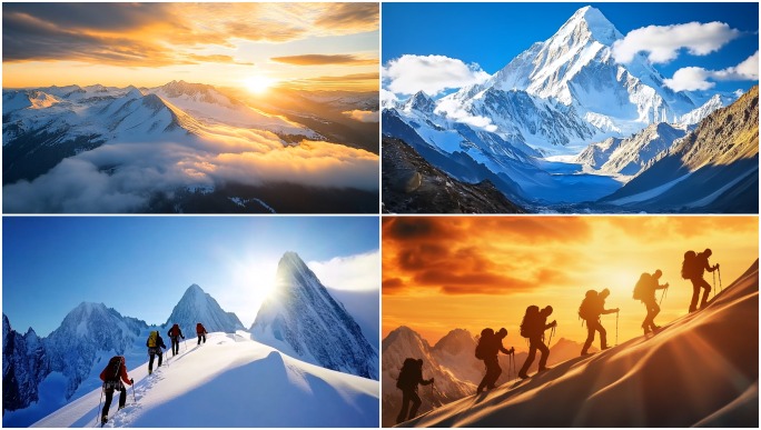 雪山航拍雪山延时登山者攀登日出合集
