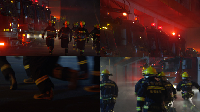 深夜消防员整装消防车紧急出警灭火救援