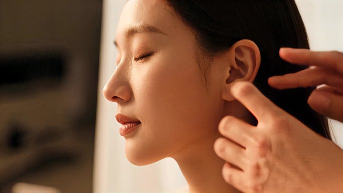 年轻女性触摸耳朵聆听人物特写肖像
