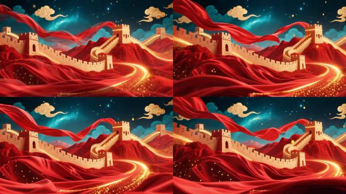 红色绸缎下的长城风光