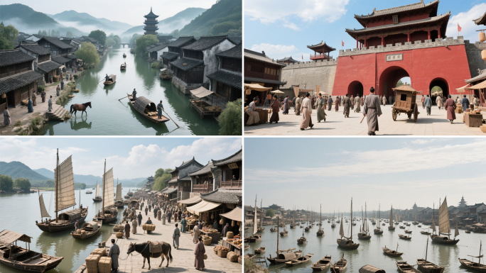 古代码头运河贸易集市生活场景