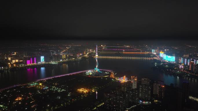 临沂沂河三河口电视塔城市夜景航拍