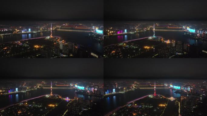 临沂沂河三河口电视塔城市夜景航拍