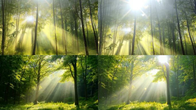 唯美春夏生机活力树林丁达尔光
